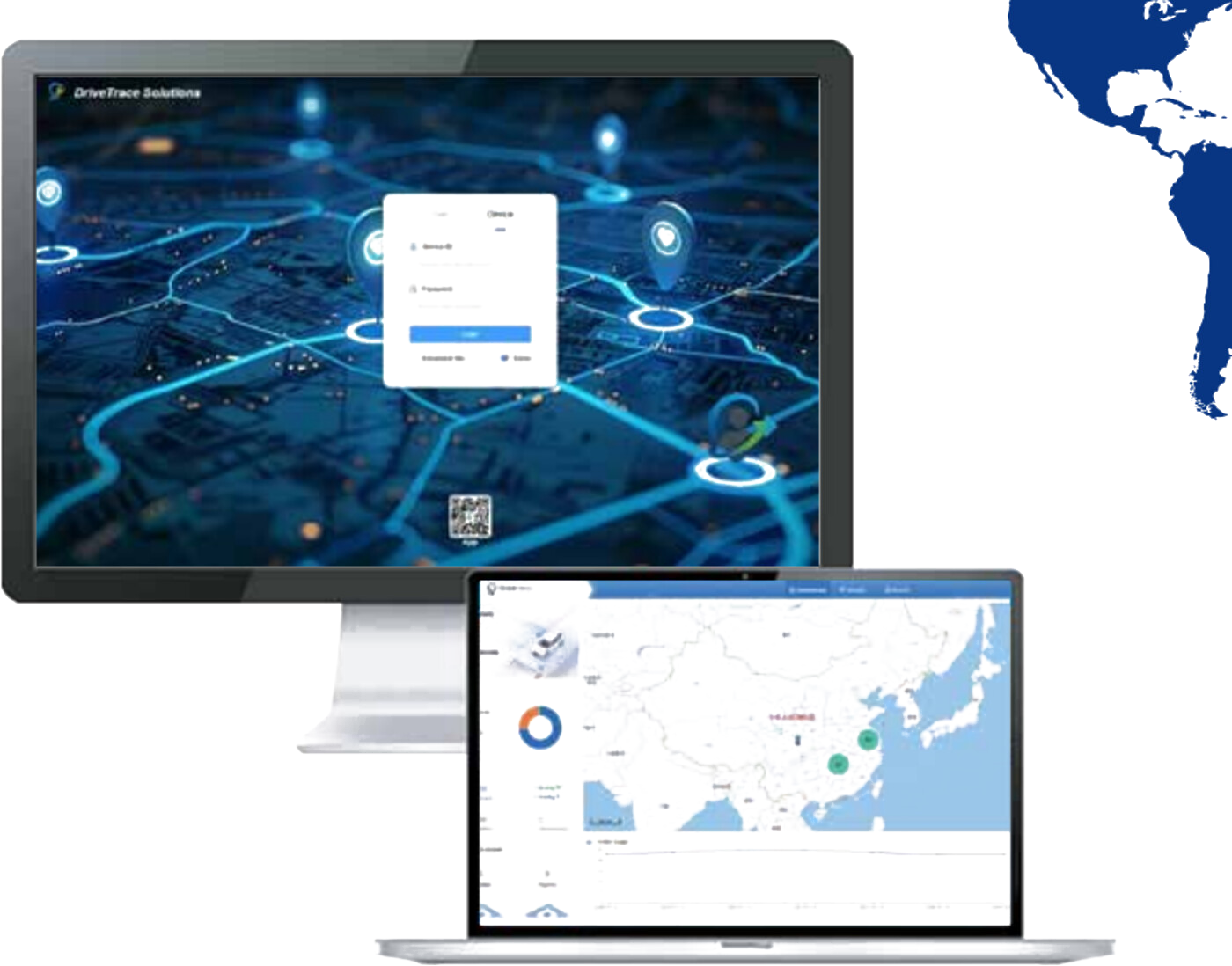 DriveTrace fleet dashboard on a laptop with GPS tracking hardware